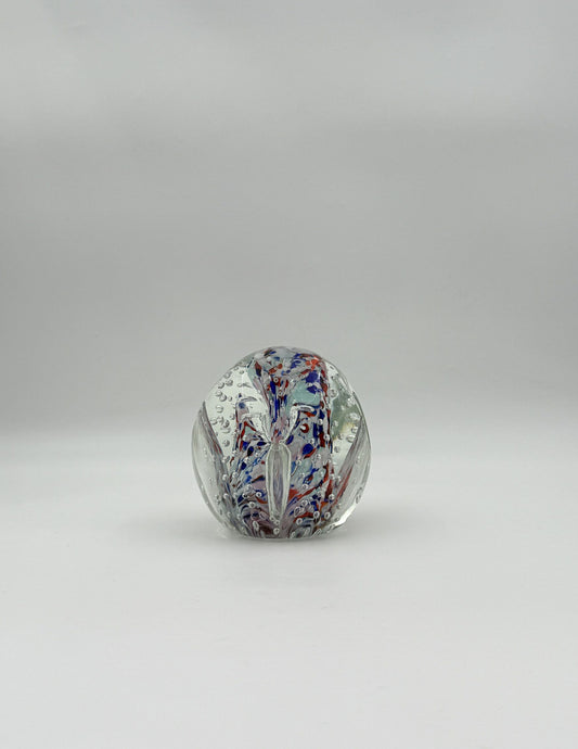 Murano Glass Paperweight – Clear with Red, White & Blue Swirl Core