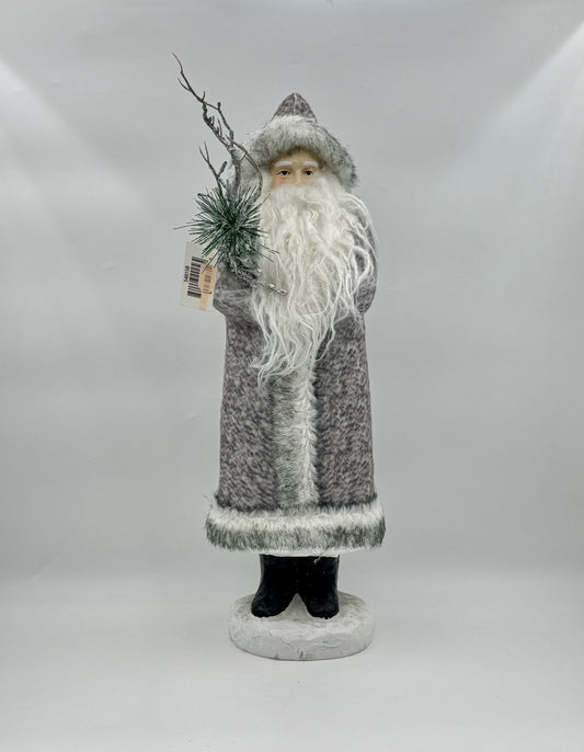 17" Gray Santa Figurine – Faux Fur Coat with Pine Branch