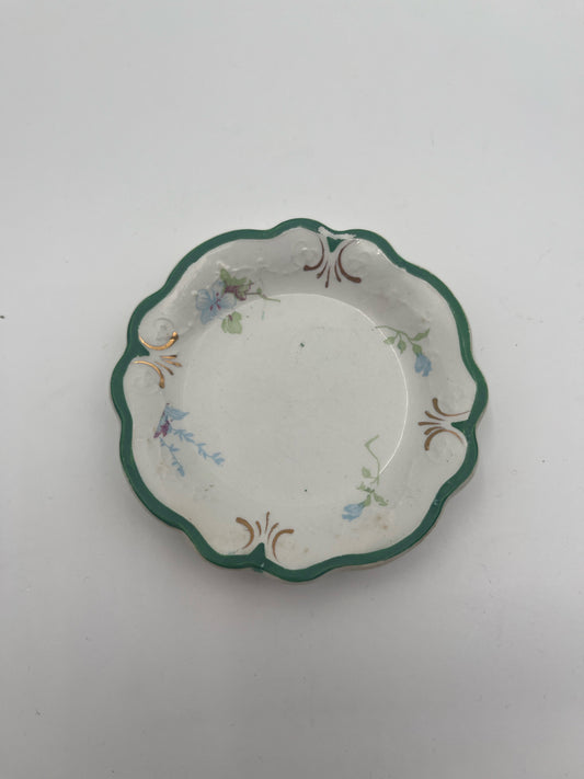 W.H. Grindley English Butter Pat – Green Rim with Floral Motif