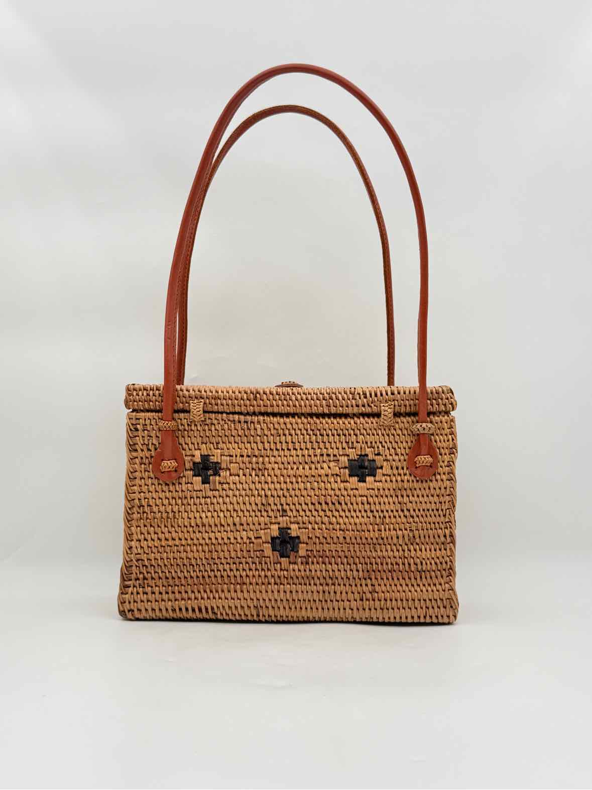 Ata Vine Diamond Pattern Box Purse Handbag – Woven Rattan with Leather Strap & Batik Lining