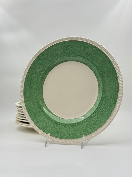 Set of 10 George Jones English Ironstone Dinner Plates, Stirling Crescent, Green Rim
