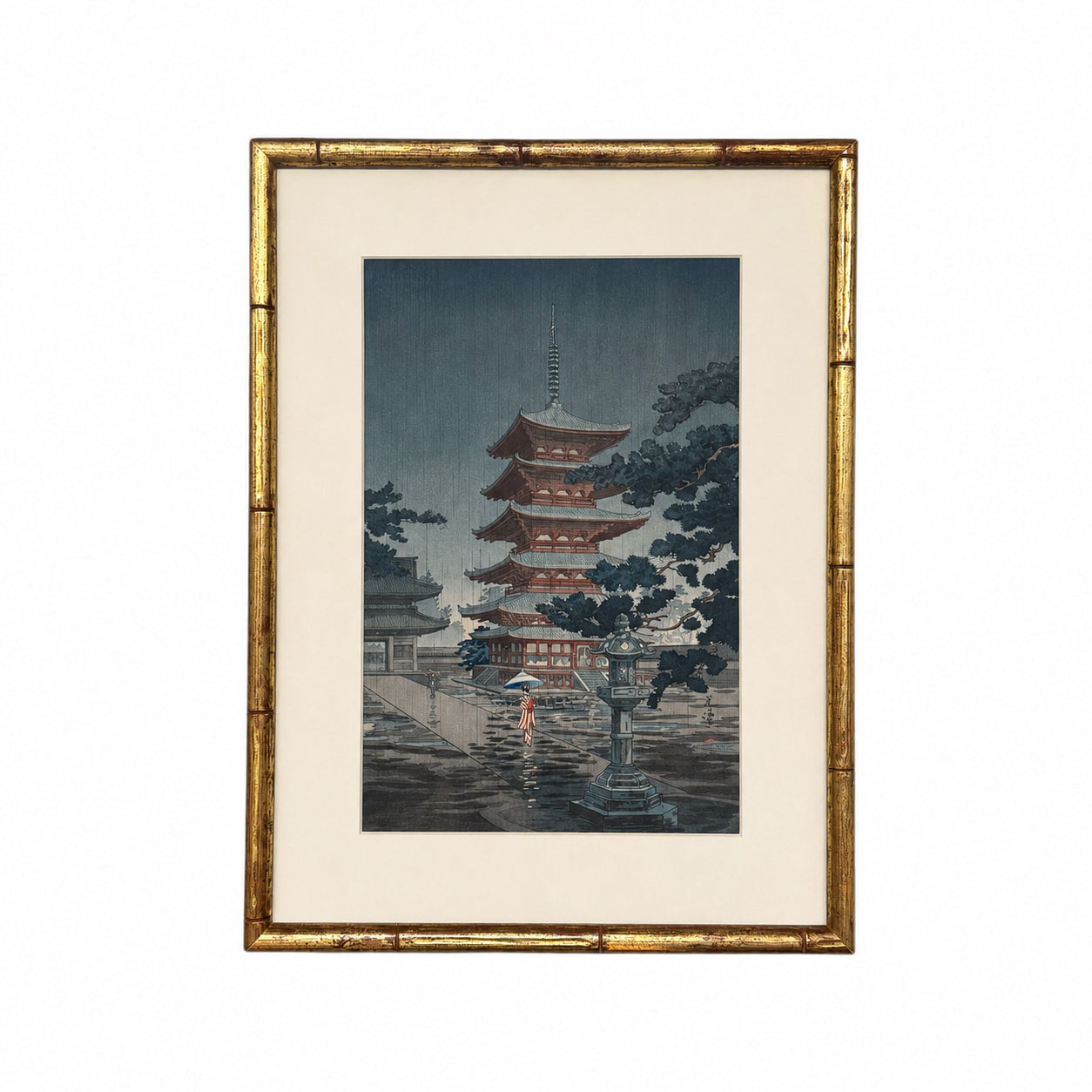 "Rain at Asakusa Temple" Japanese Woodblock Print By Tsuchiya Koitsu