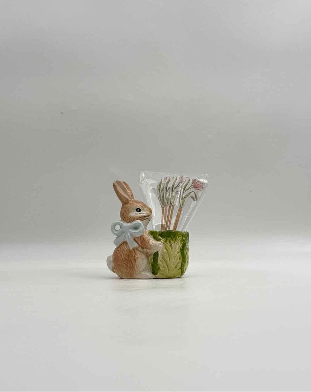 Easter Bunny Rabbit Toothpick Holder with Blue Ribbon & Flower Toothpicks