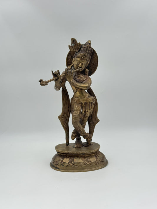 Lord Krishna Brass Statue – Flute Playing Deity Figure
