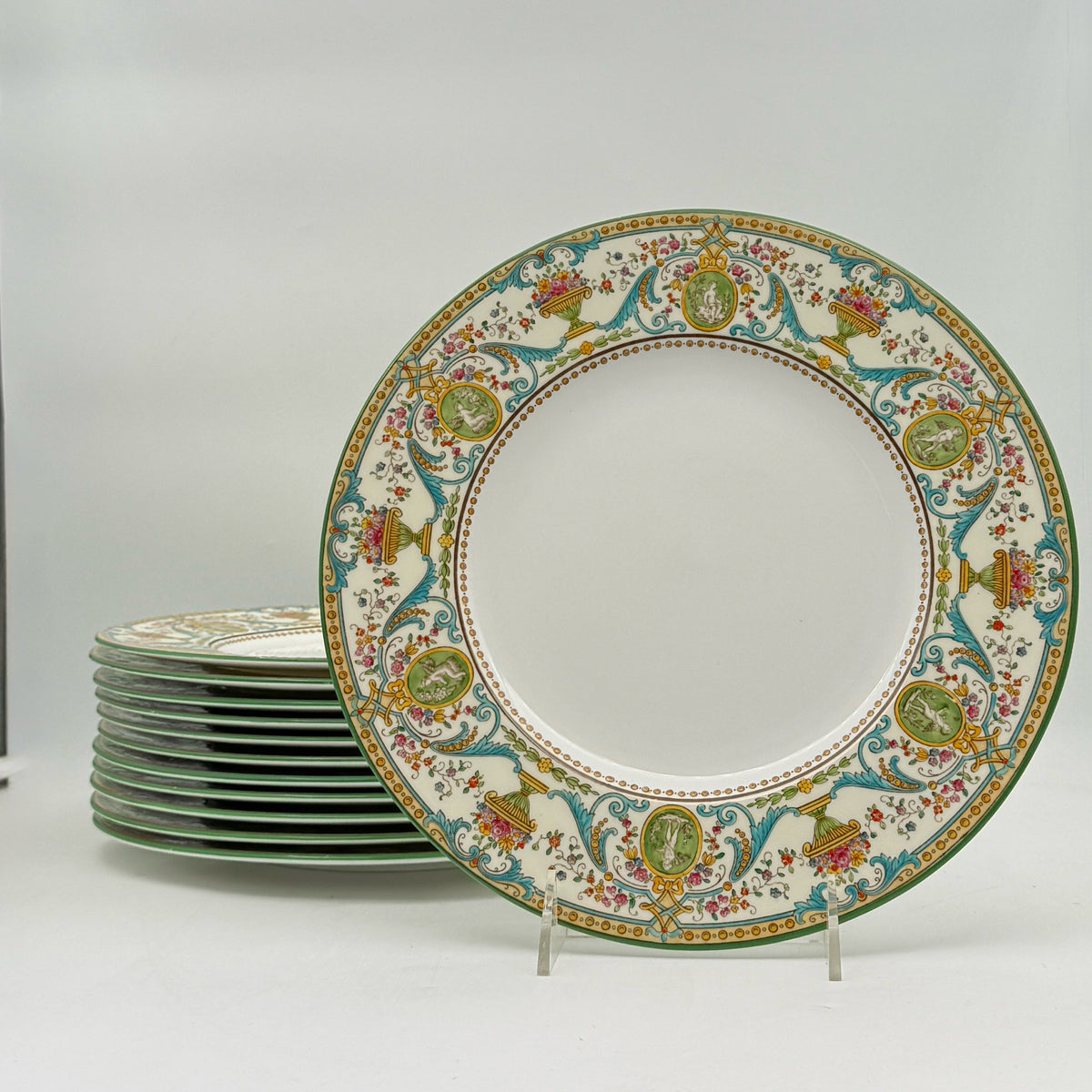 Wedgwood Kingswear (Aqua Scrolls) Dinner Plates- Set Of 12