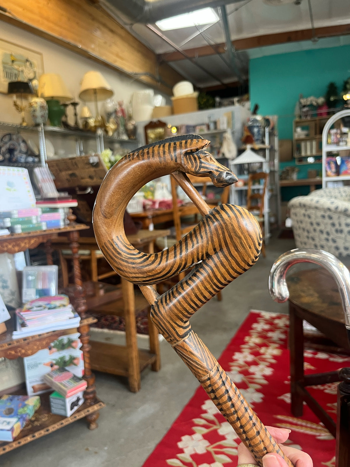Carved Wood Zebra Horse Head Cane