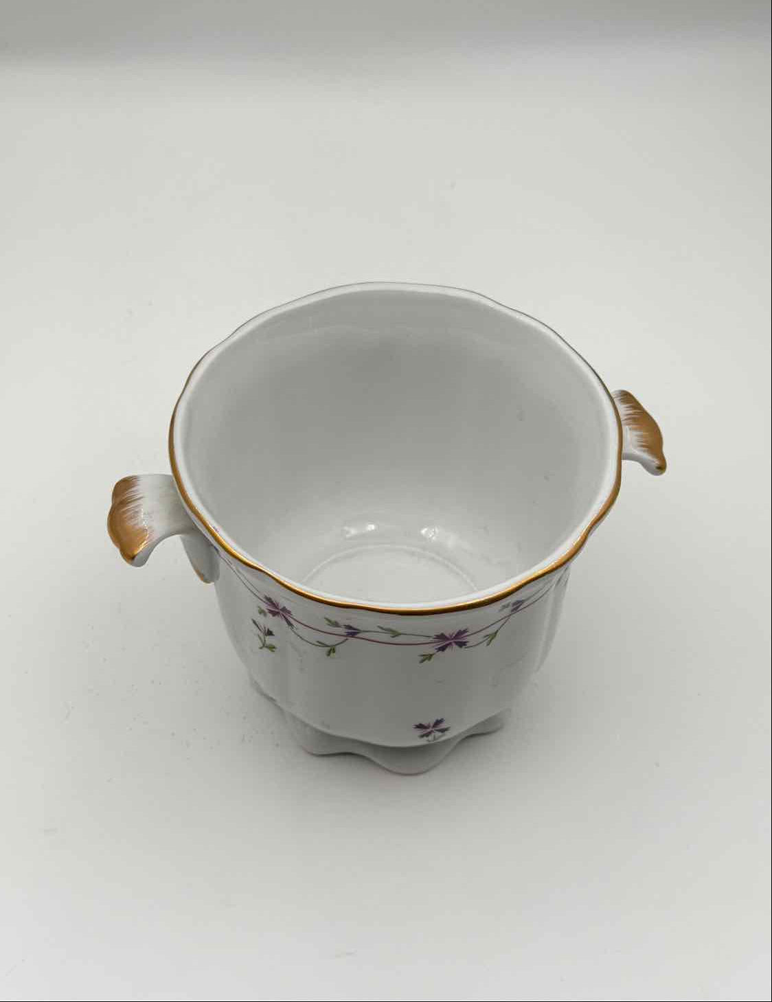 White Porcelain Cachepot Purple Floral Gold Handles Planter Decor Arts