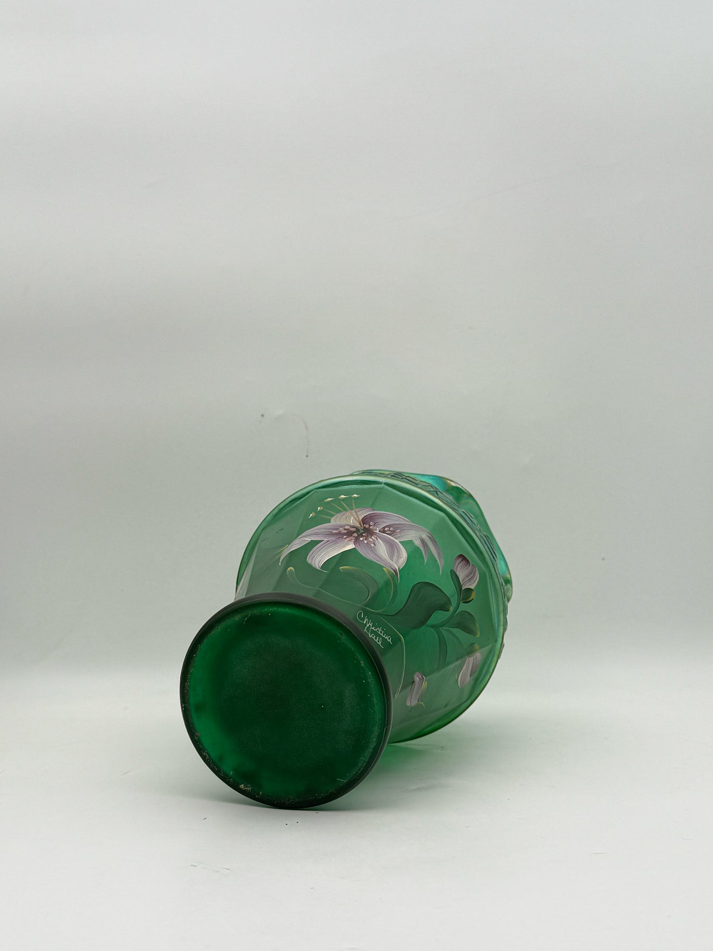 Fenton Handpainted Green Vase By Christina Hall