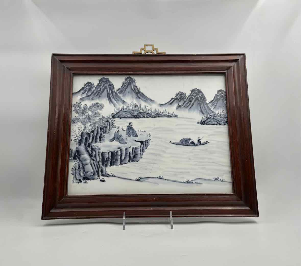 Antique Chinese Blue & White Porcelain Plaque – Framed Landscape