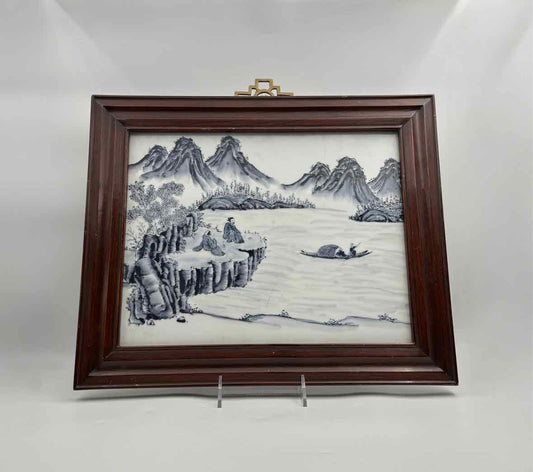 Antique Chinese Blue & White Porcelain Plaque – Framed Landscape
