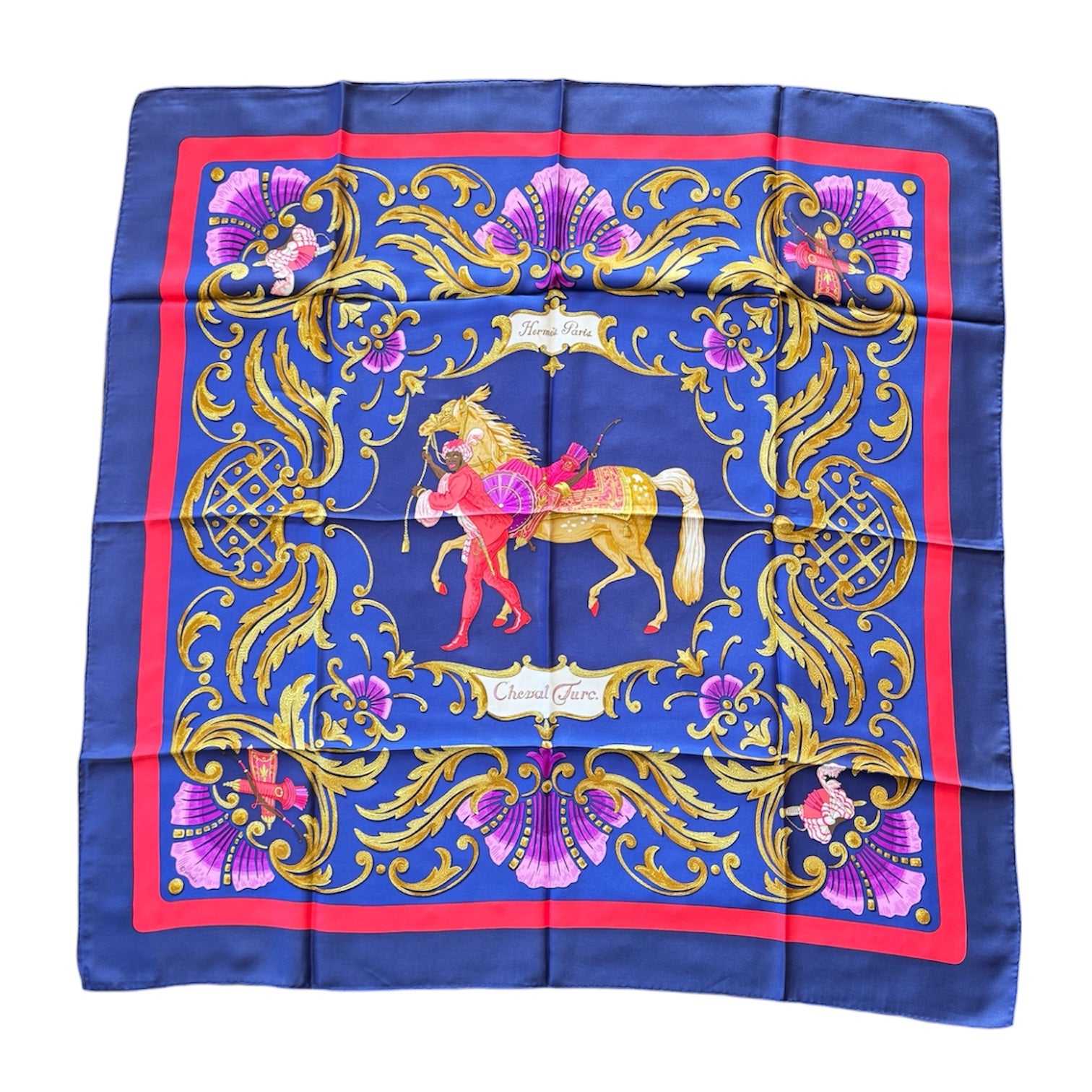 Hermès “Cheval Turc” Silk Scarf – Christine Vauzelles, Navy & Red