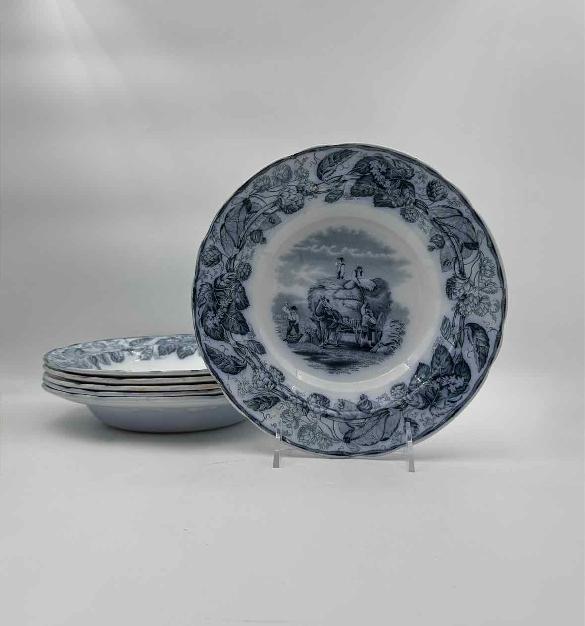 1860 Copeland Hops Blue Transferware Set Of 6 Soup Bowls