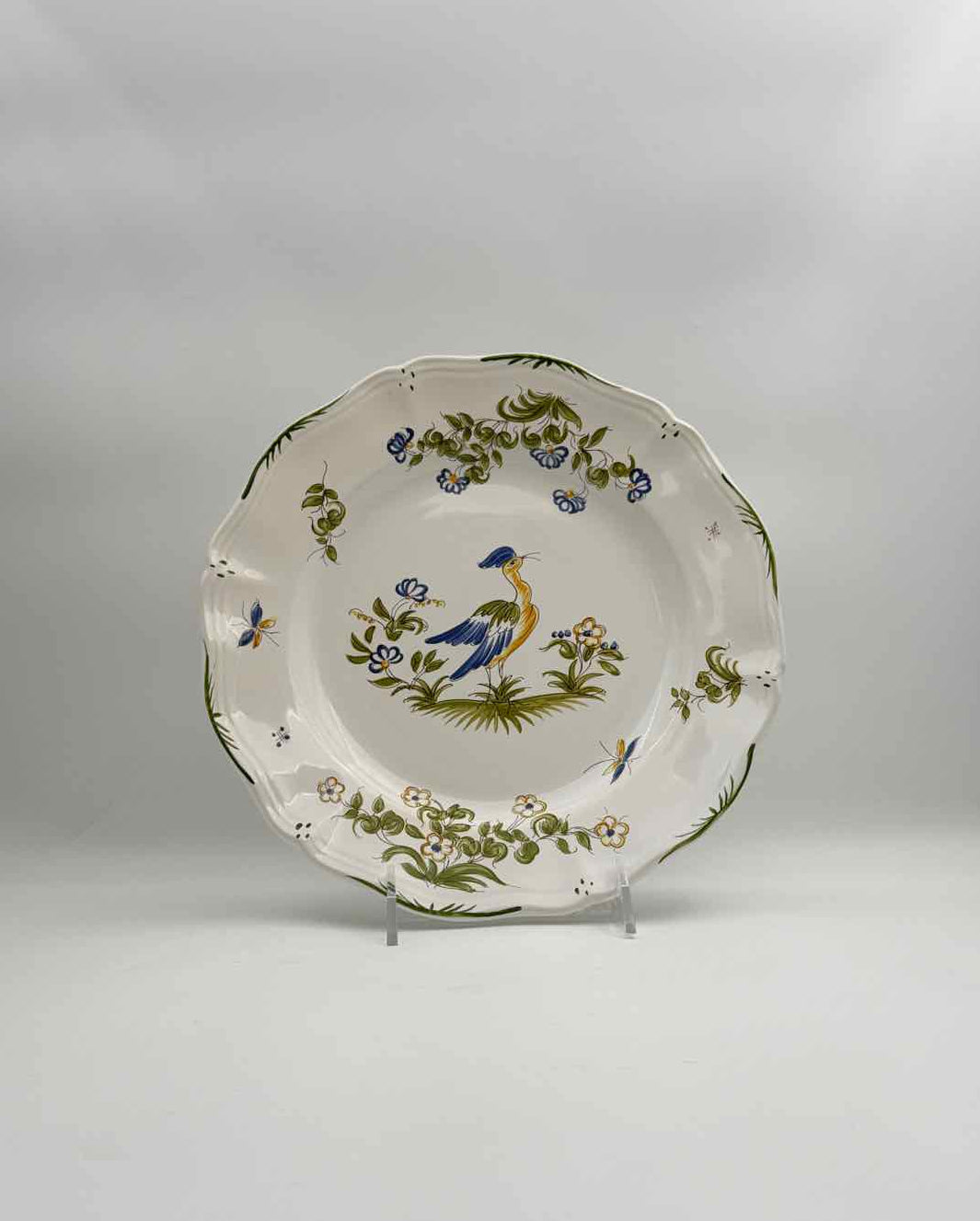 Pair French Faience Peacock Bird Plates Moustiers France Decor