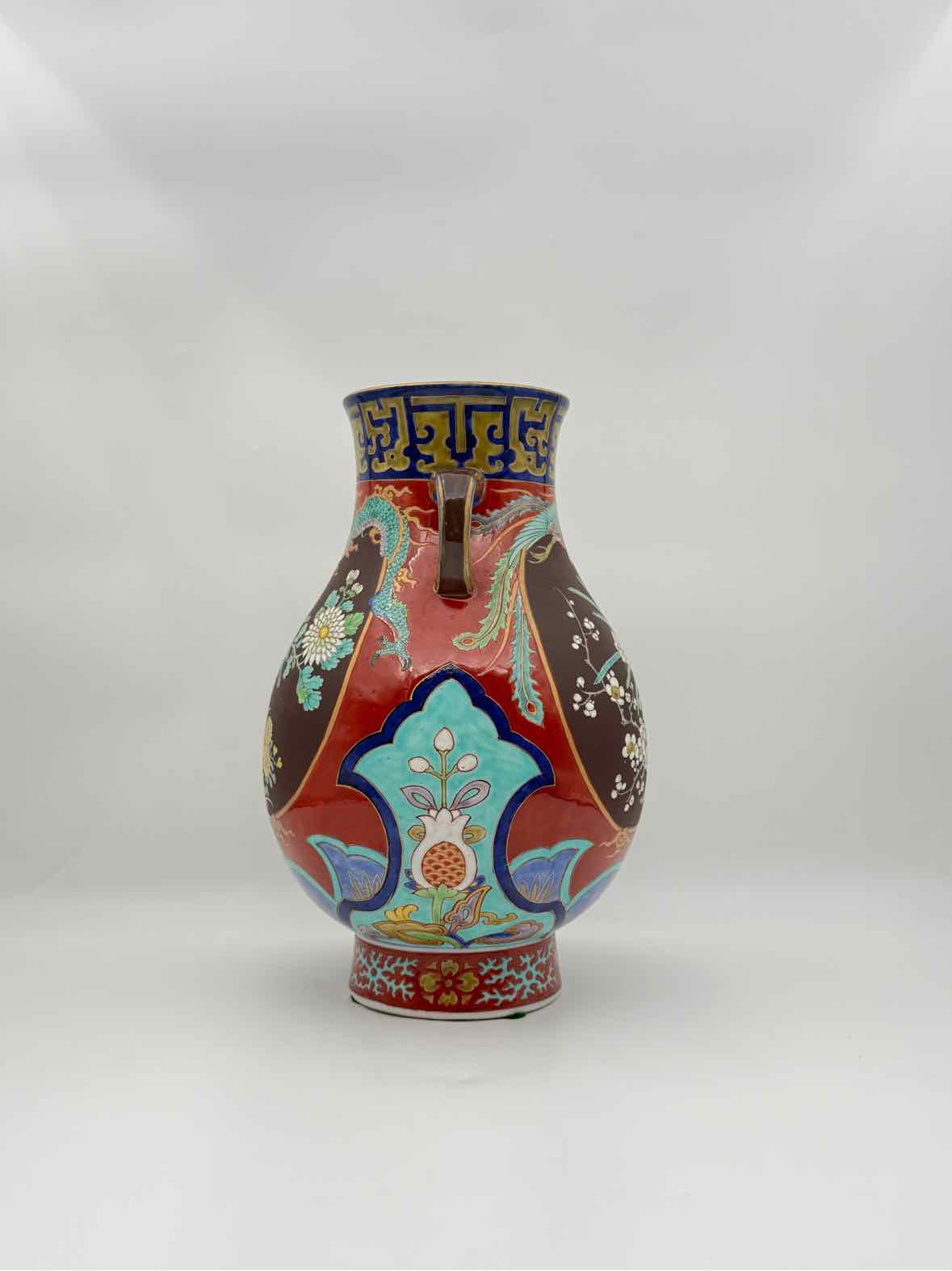 Antique Japanese Satsuma Vase with Dragon & Phoenix, Window Design