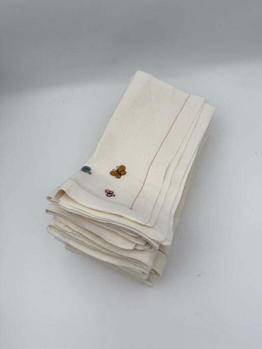 Hand Embroidered Linen Butterfly Napkins- Set Of 12