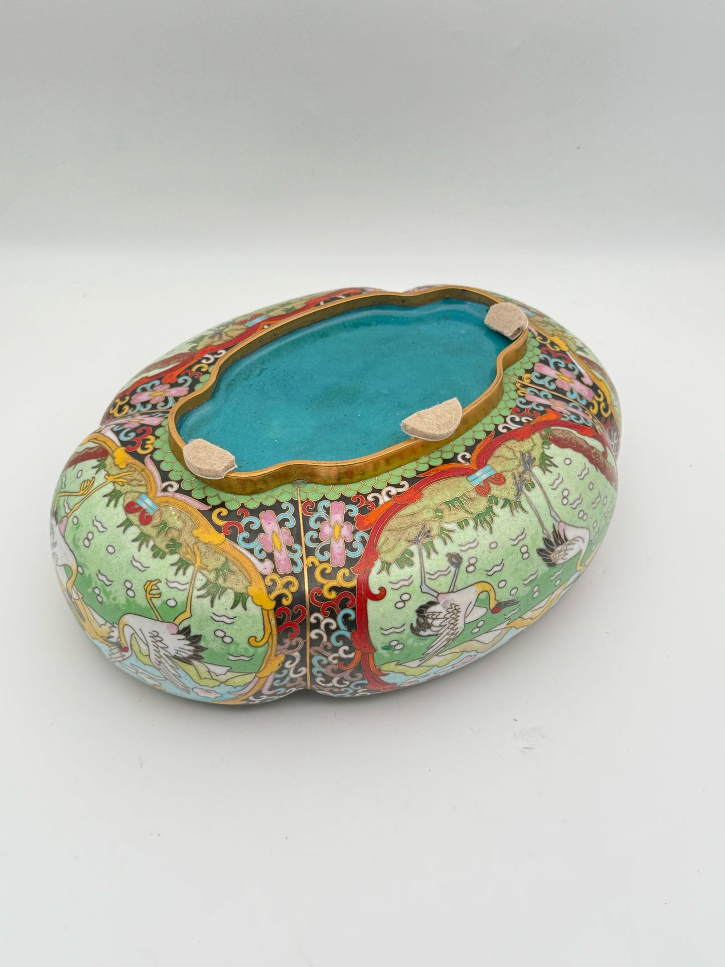Cloisonne Crane Landscape Bowl On Stand
