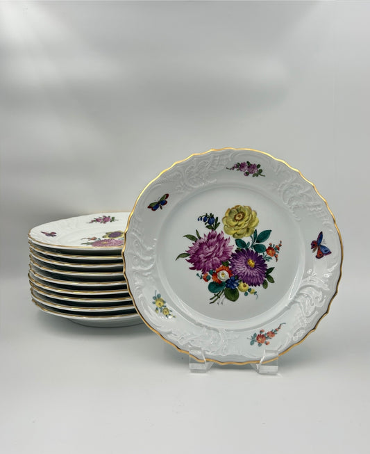 Set of 10 Fraureuth Dessert Plates – Hand Painted Floral, Gilt Rim – Saxony, c.1900