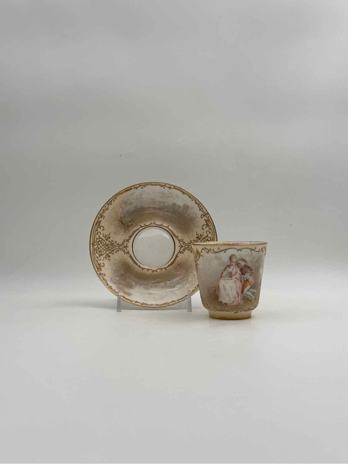 Antique 1900 Sevres Lovers Series Set Of Five Handpainted Teacups And Saucers