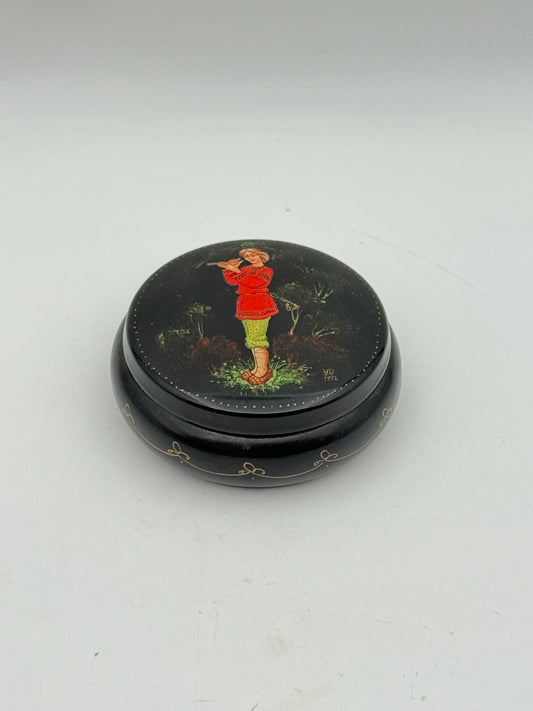 Handpainted Russian Lacquer Box Featuring A Boy With A Flute