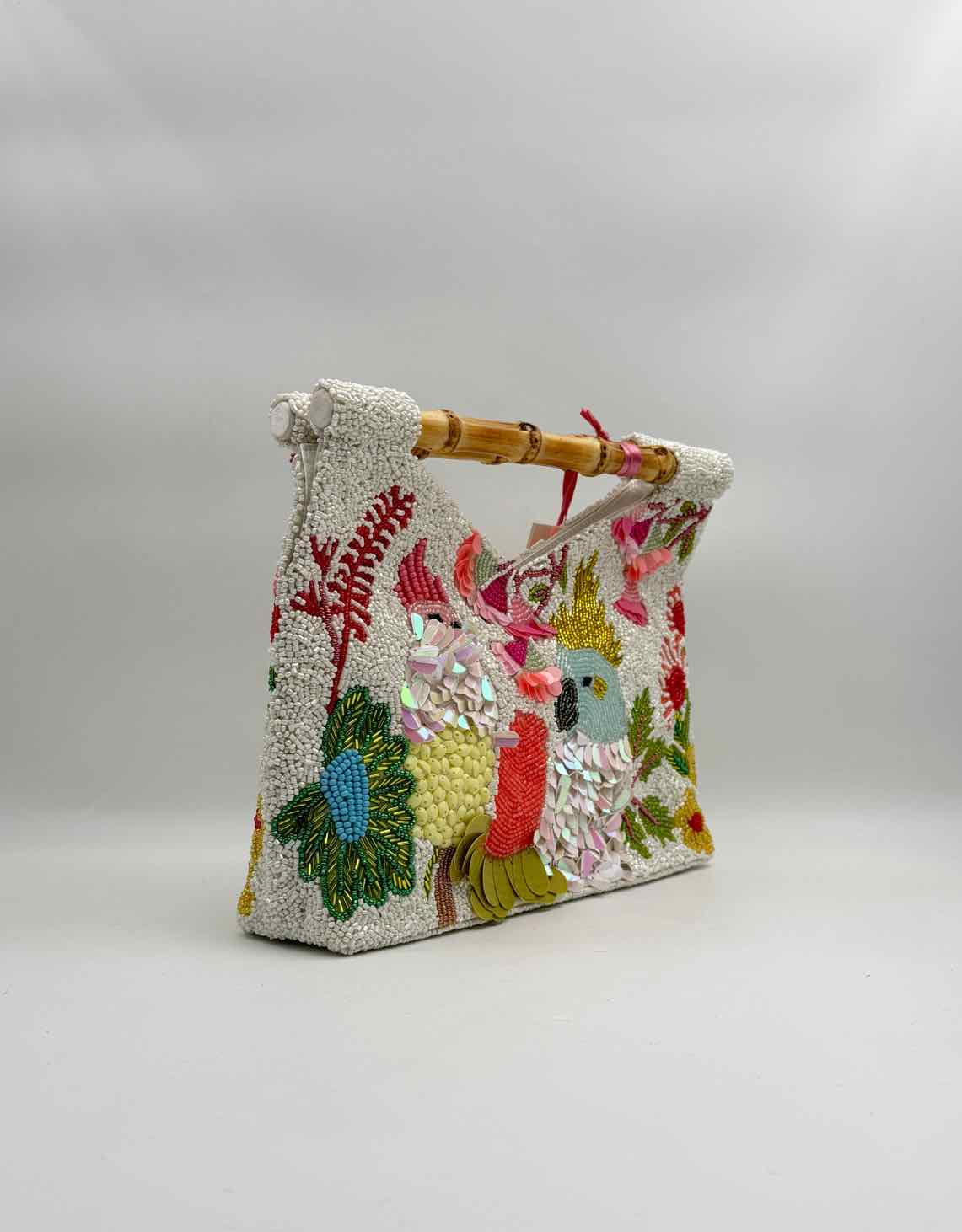 Hand Beaded Parrot Purse Handbag Bamboo Handle Tropical Bird Design