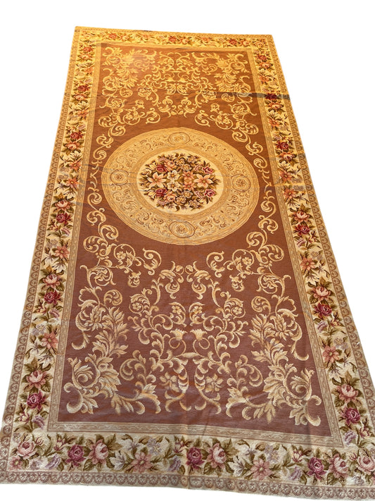 Vintage Floral Needlepoint Runner Rug with Medallion Border Design