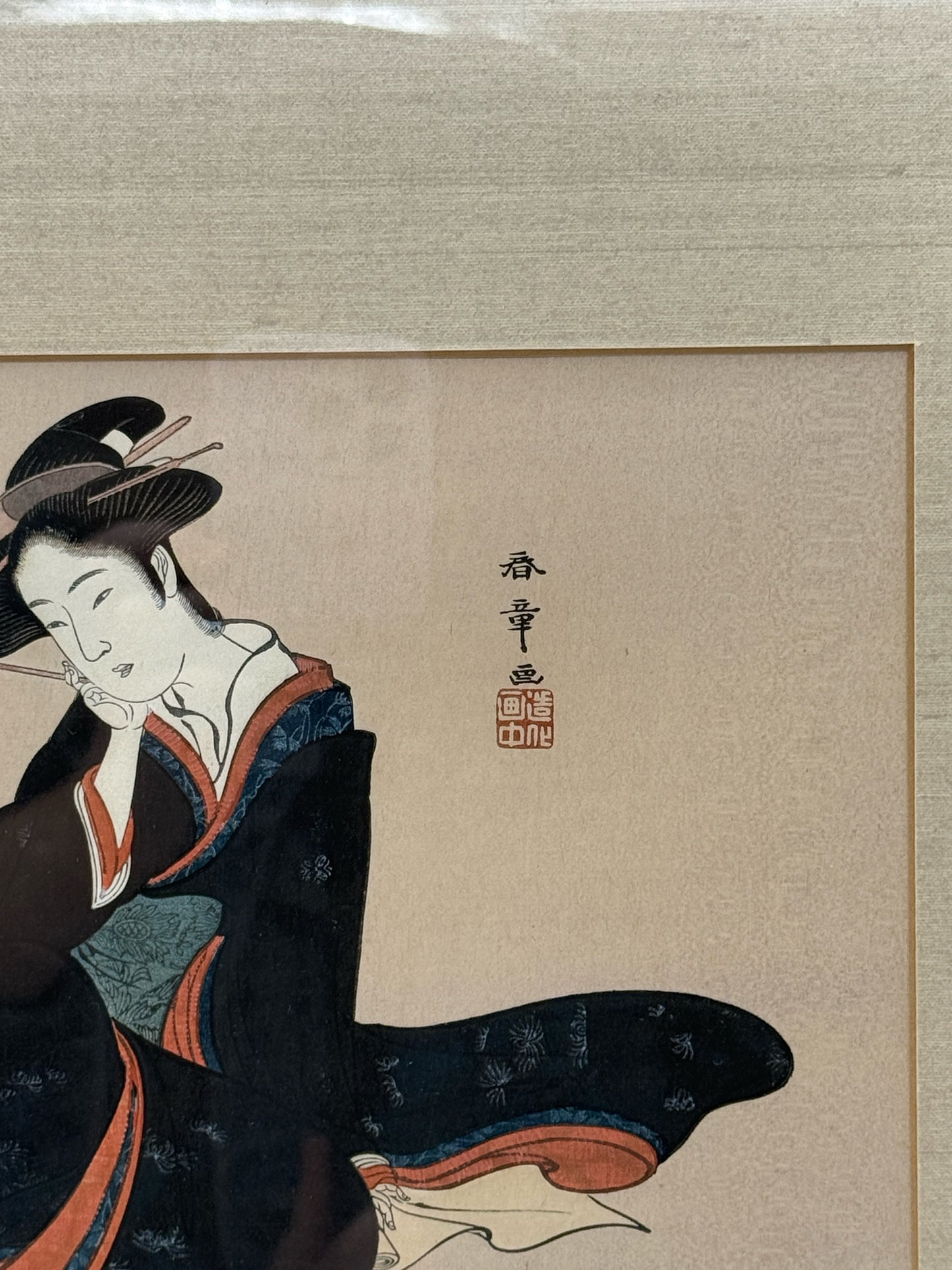 "A Beauty" Framed Japanese Woodblock By Shunsho Katsukawa