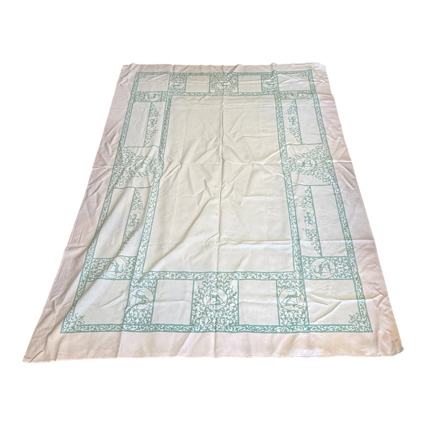 Vintage Midcentury Blue Hunting Dogs And Stags Tablecloth