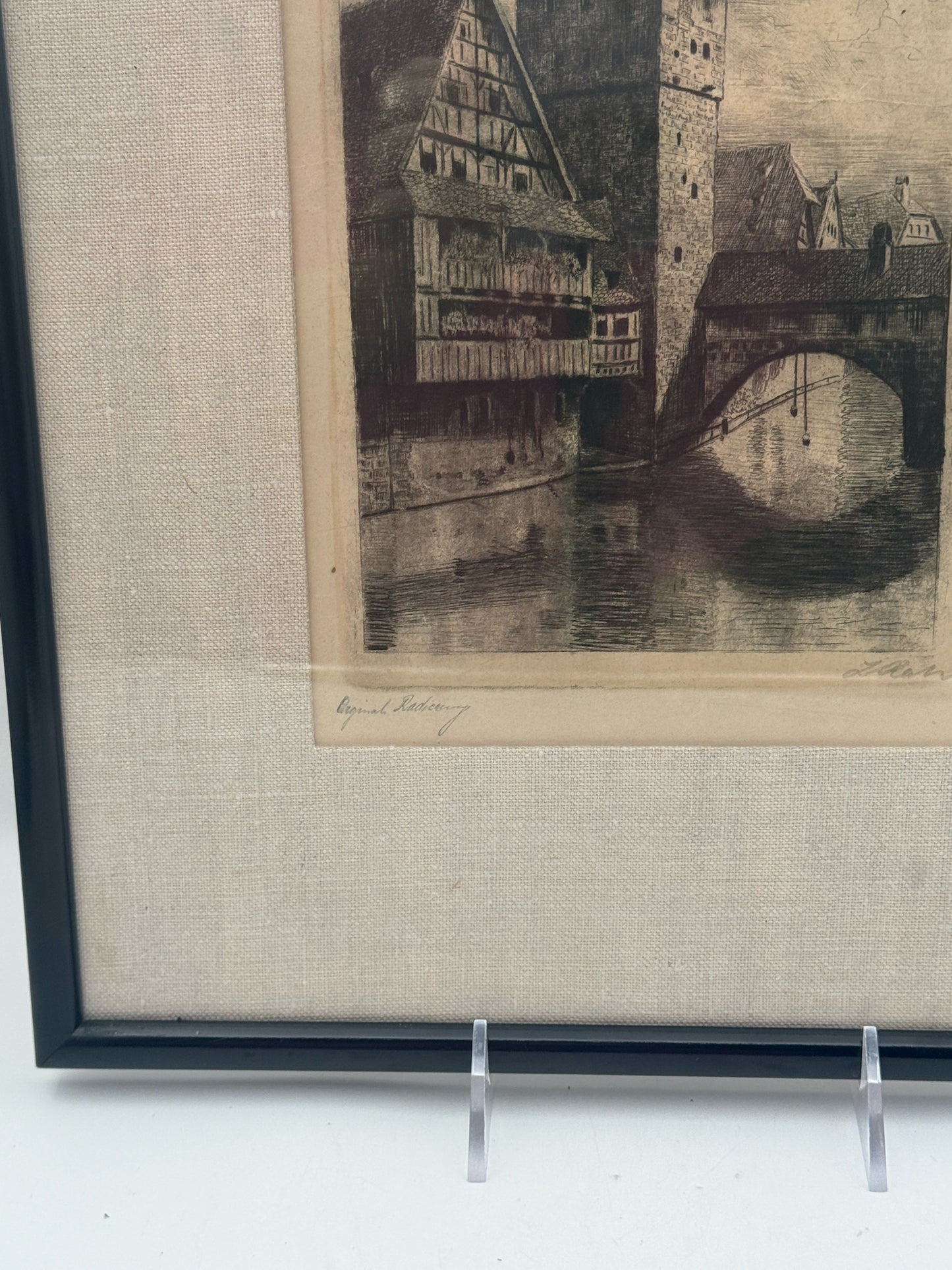 Antique Framed And Signed Etching Of A German/European City