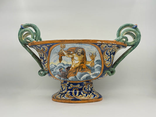 Antique Italian Majolica Zeus And Artemis Jardiniere With Snake Handles