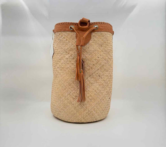 Woven Rattan Sling Bucket Bag Ivory Leather Trim Boho Summer Purse Bag