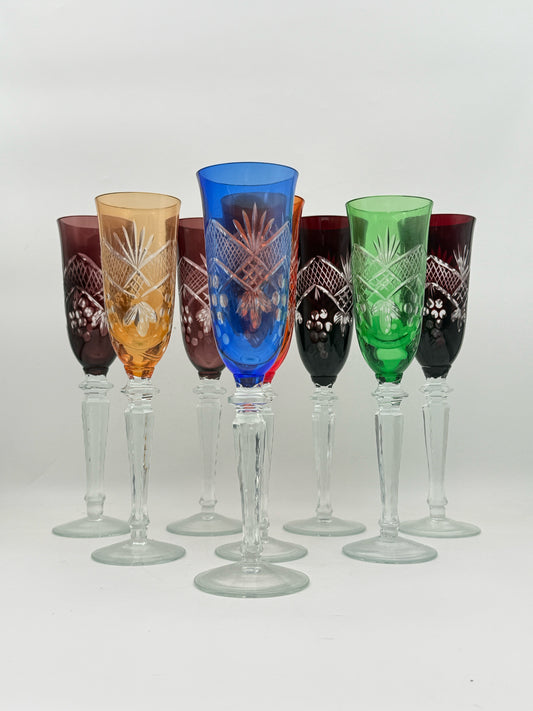 Antique Bohemian Multi-Color Cut To Clear Champagne Flutes- Set Of 8