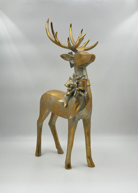 RAZ Imports  Aged Gold Reindeer with Bow – Resin Holiday Décor