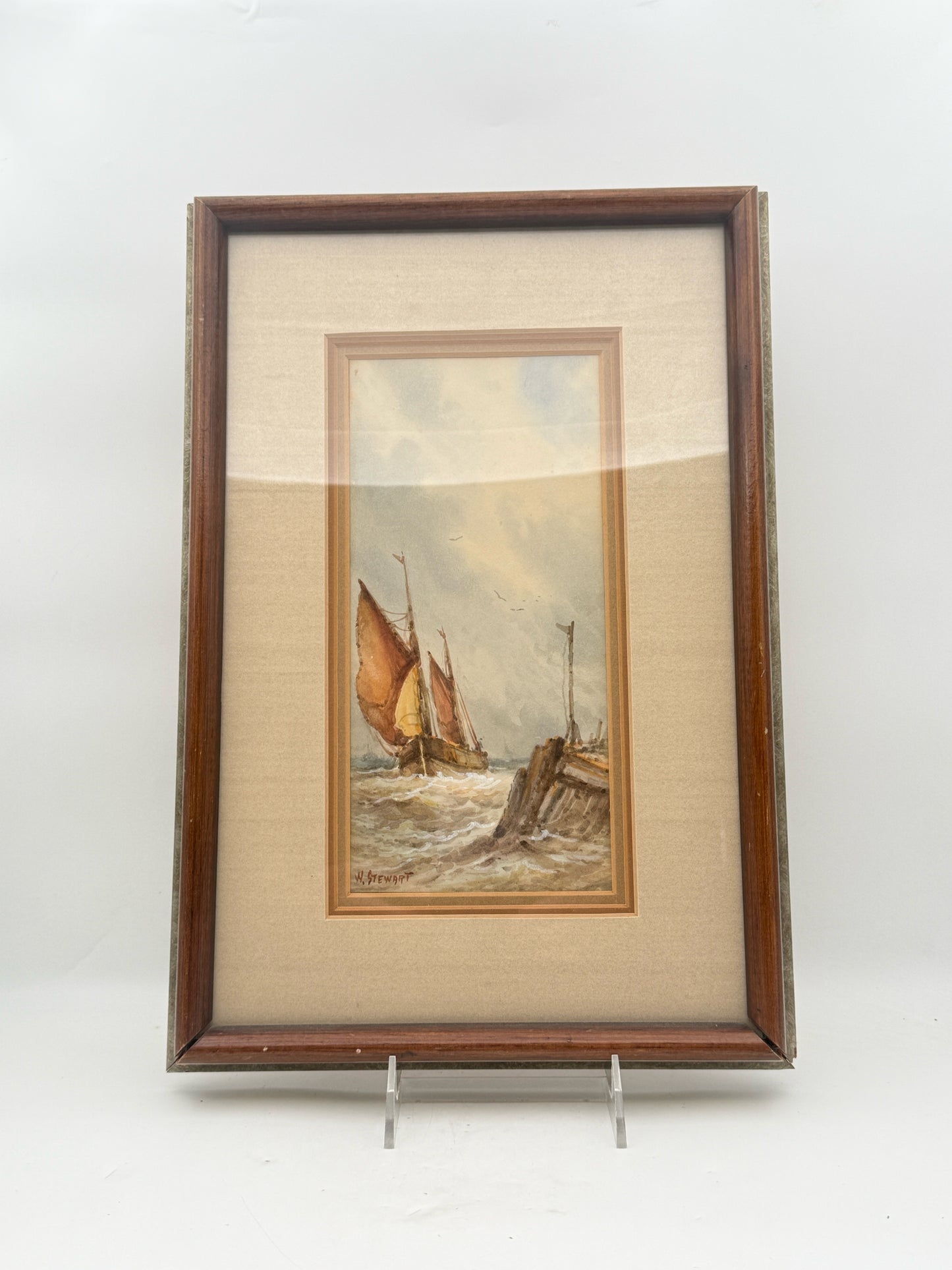 W. Stewart Framed Watercolor Of A Ship At Sea