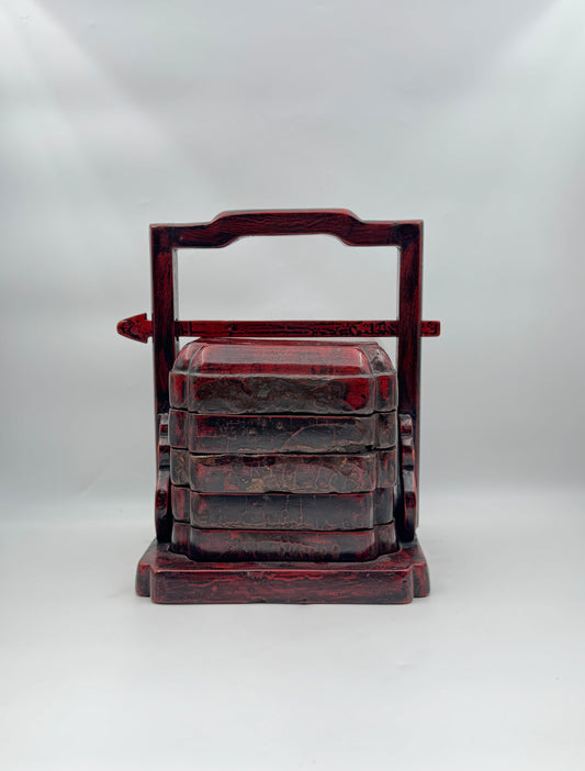 Chinese Red Lacquer Stacked Tea Box with Handle