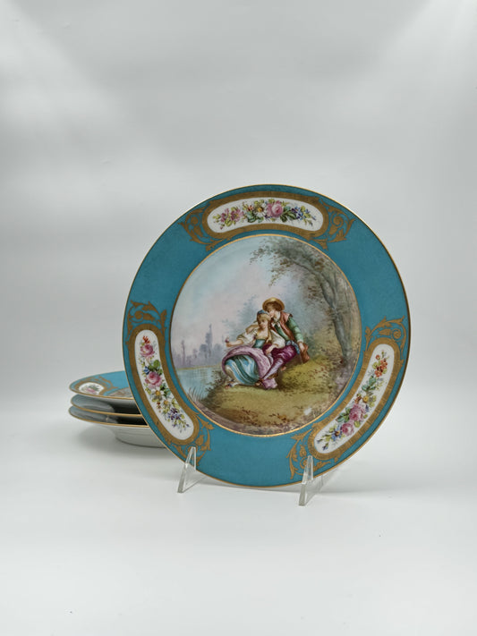 Set of 4 Sevres Style "Lovers" Plates – Blue Rim with Gilt