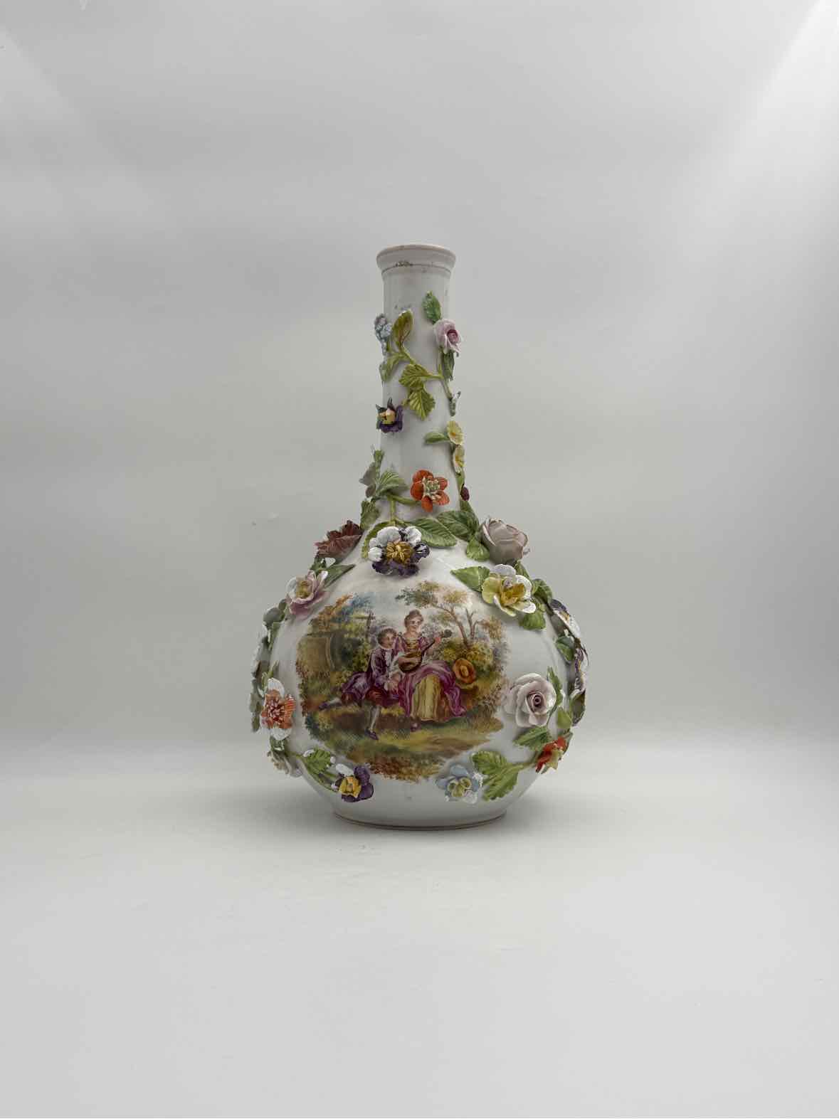 Antique 19th Century Meissen Inspired Floral Encrusted Handpainted Vases