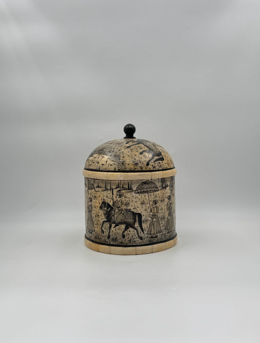 Large Hand-Painted Indian Bone Betel Box – Mughal Court & Procession Scene