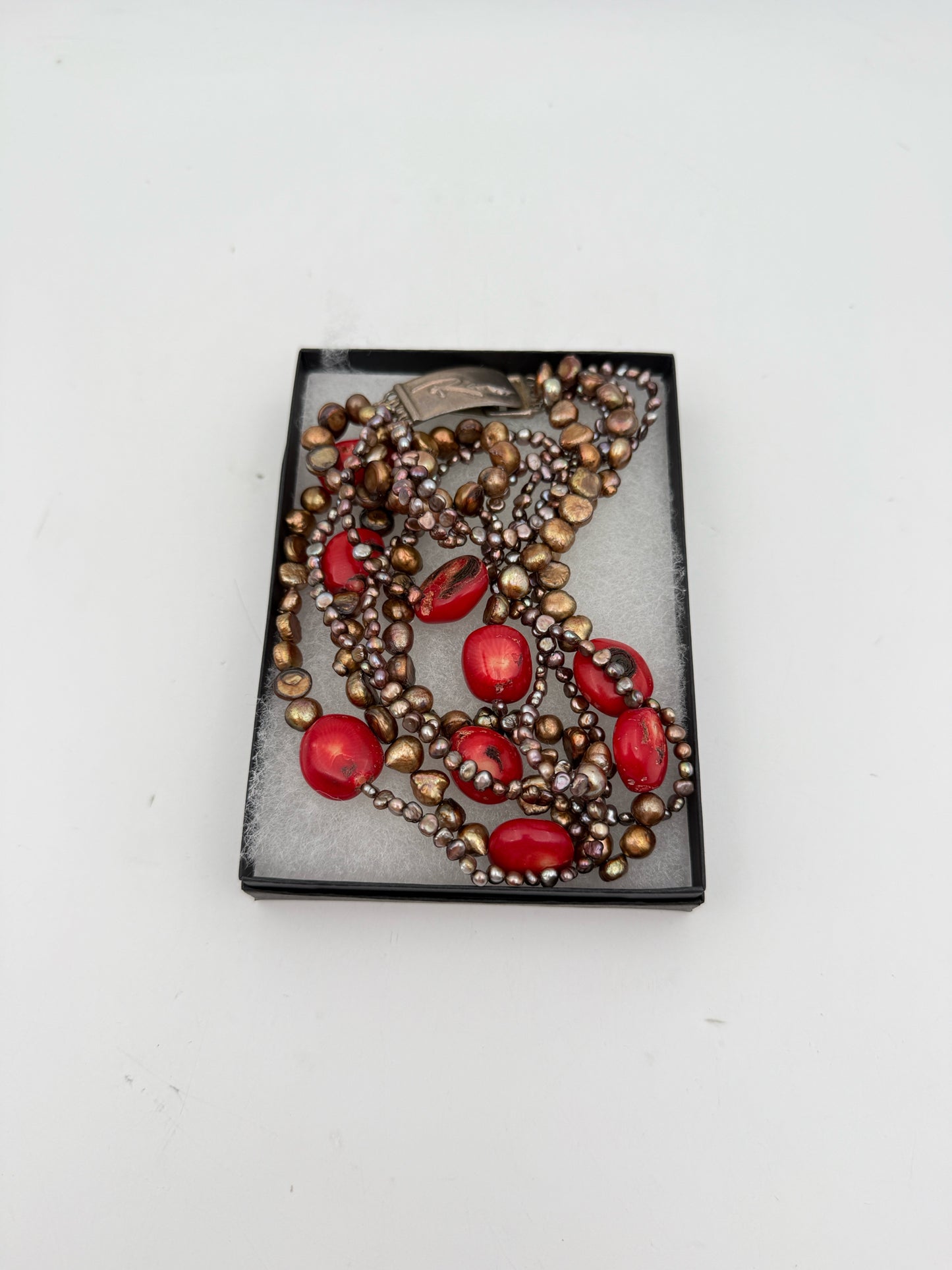 Multi Strand Pearl And Red Stone Necklace With Sterling Clasp