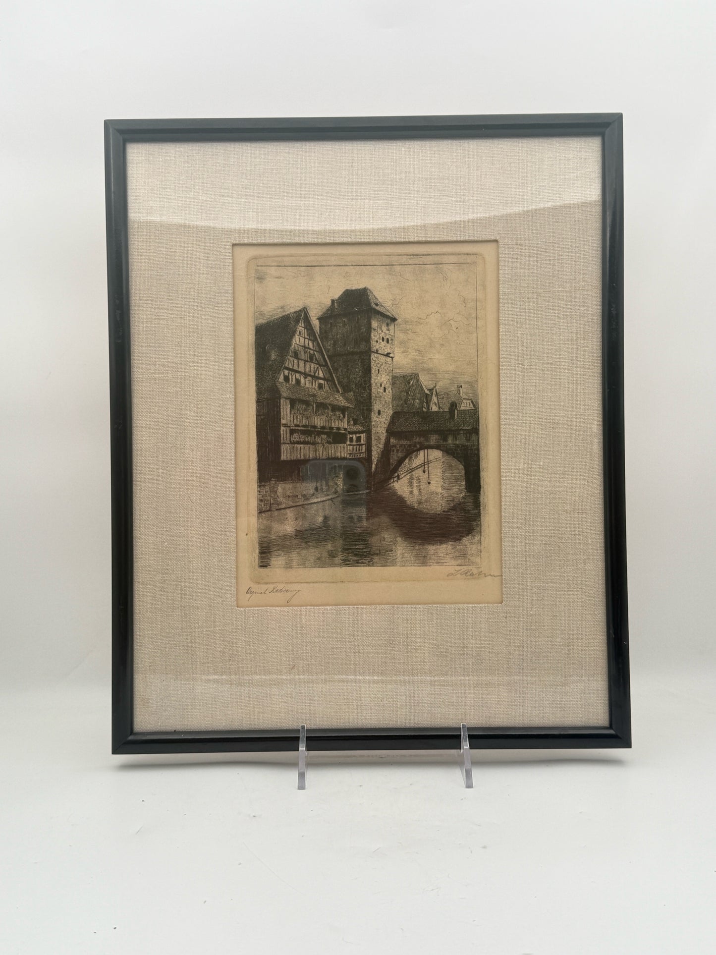 Antique Framed And Signed Etching Of A German/European City