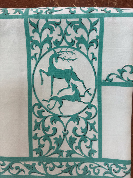 Vintage Midcentury Blue Hunting Dogs And Stags Tablecloth