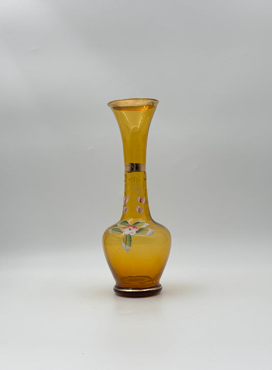 Gold Bud Vase with Flower Detail and Gold Trim