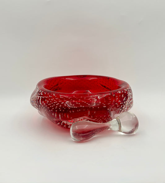 Red Art Glass Bowl with Clear Pestle