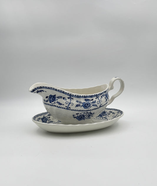 Johnson Bros. “Indies” Gravy Boat with Underplate – Blue Floral Ironstone – England