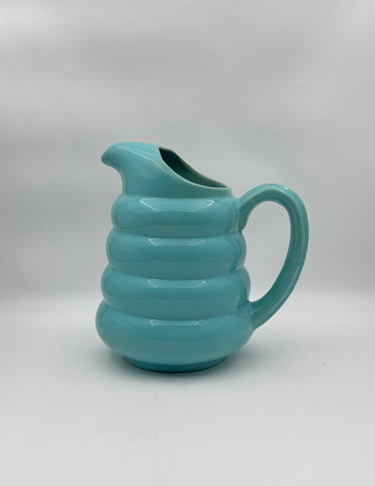 Mid-Century Padre Pottery Ribbed Pitcher – Turquoise Gloss Glaze – Marked “258”