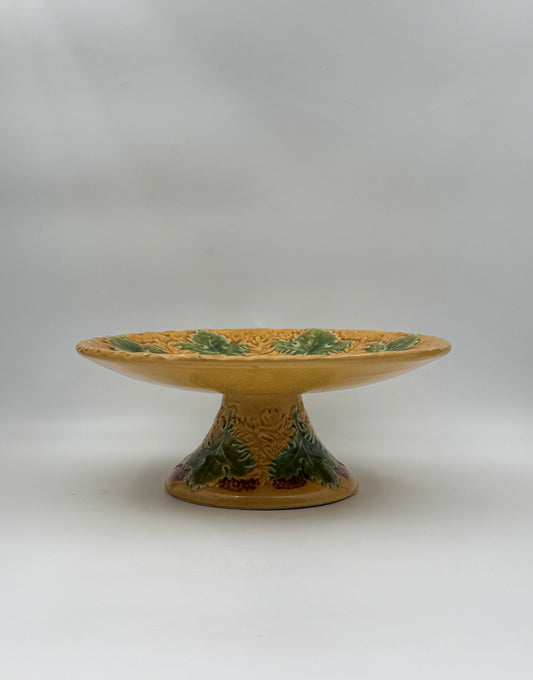 Majolica Pedestal Cake Plate – Golden with Grape & Leaf Relief