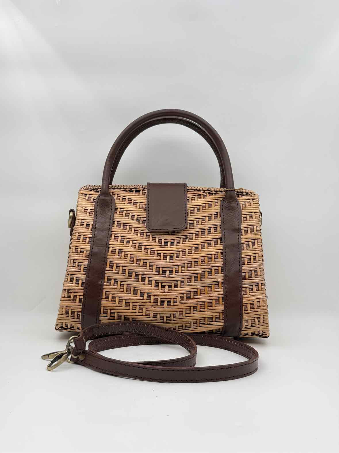 Ata Rattan Top Handle Shoulder Bag Leather Trim Woven Handbag Natural