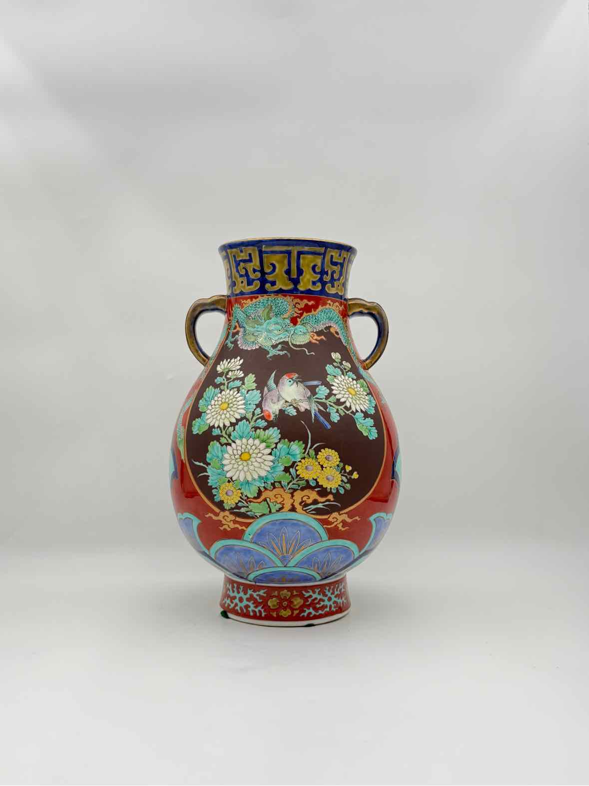 Antique Japanese Satsuma Vase with Dragon & Phoenix, Window Design