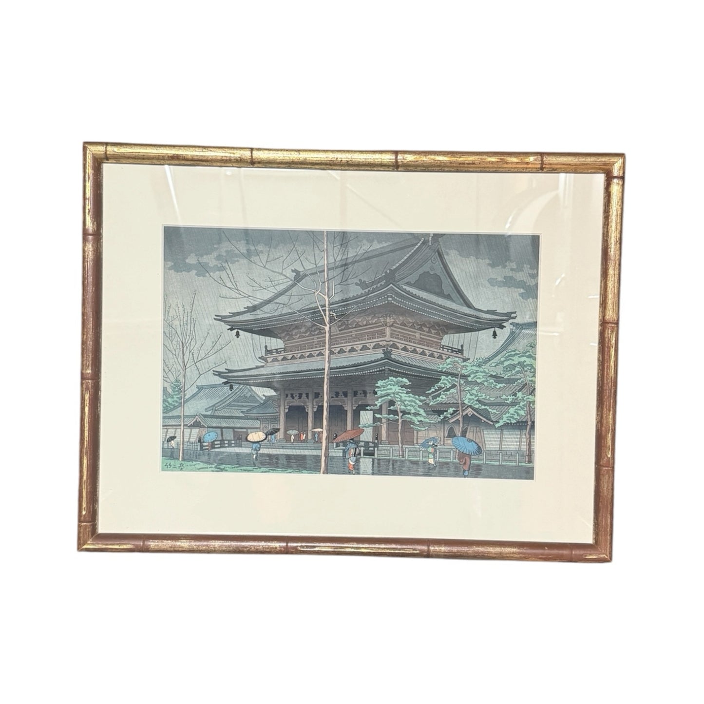 "Rain in Higashi- Honganji Temple, Kyoto" Japanese Woodblock Print