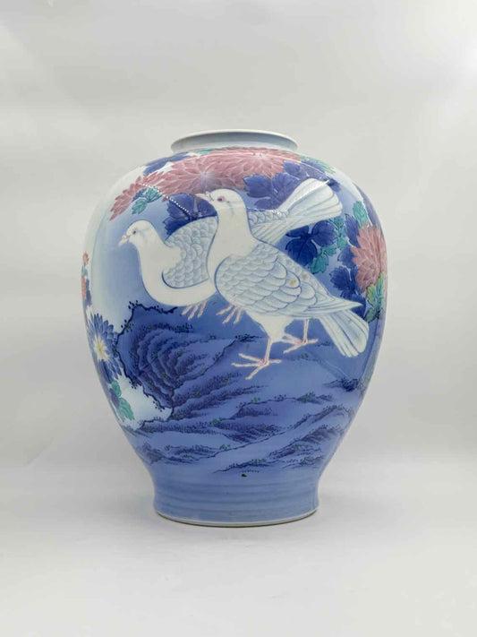 Vintage Koransha Blue Dove Porcelain Vase Blue Cream Floral Landscape