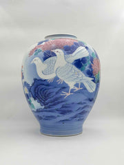 Vintage Koransha Japanese Blue Dove Porcelain Vase – Blue & Cream Floral Landscape